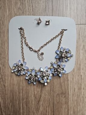 Blue Crystal Flower Statement Necklace Set